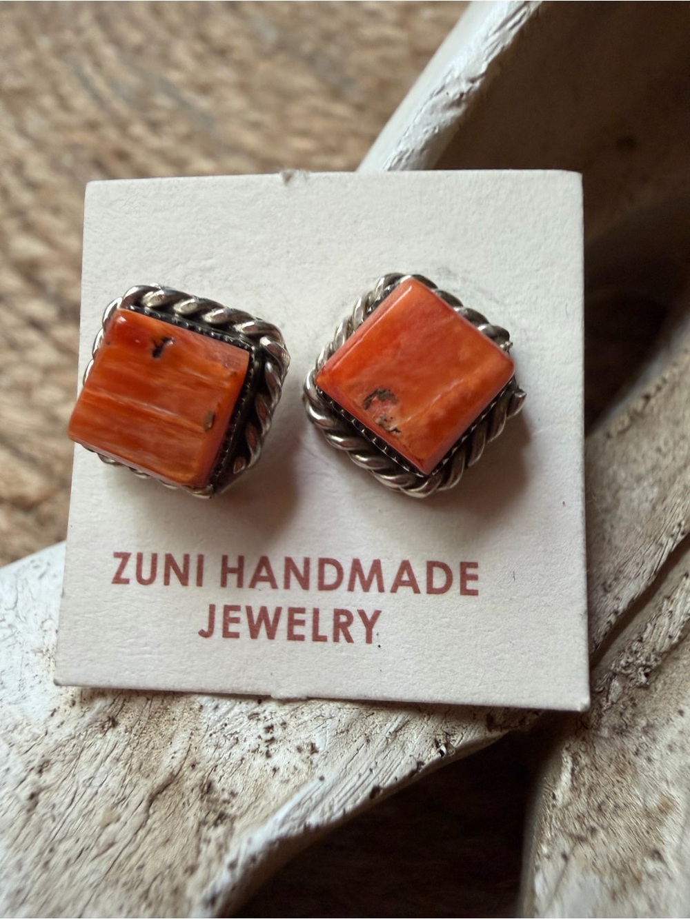 Zuni Handmade Orange Coral Square Stud Sterling Silver Earrings -